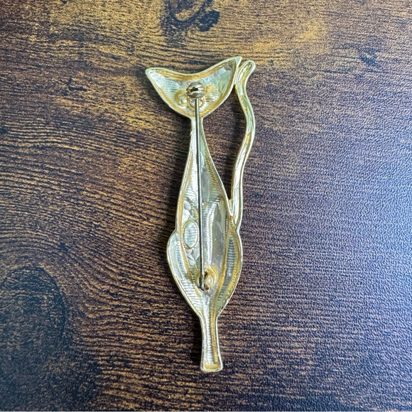 Gold Tone Slim Cat Brooch with Rhinestone Eyes - Picture 5 of 11